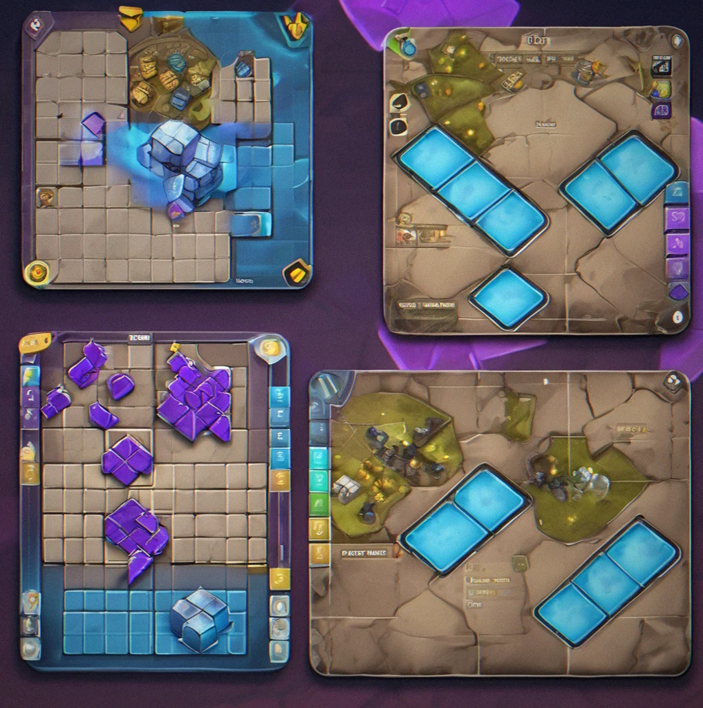 Game board from above showing units placed across asymmetrical terrain during a ranked match